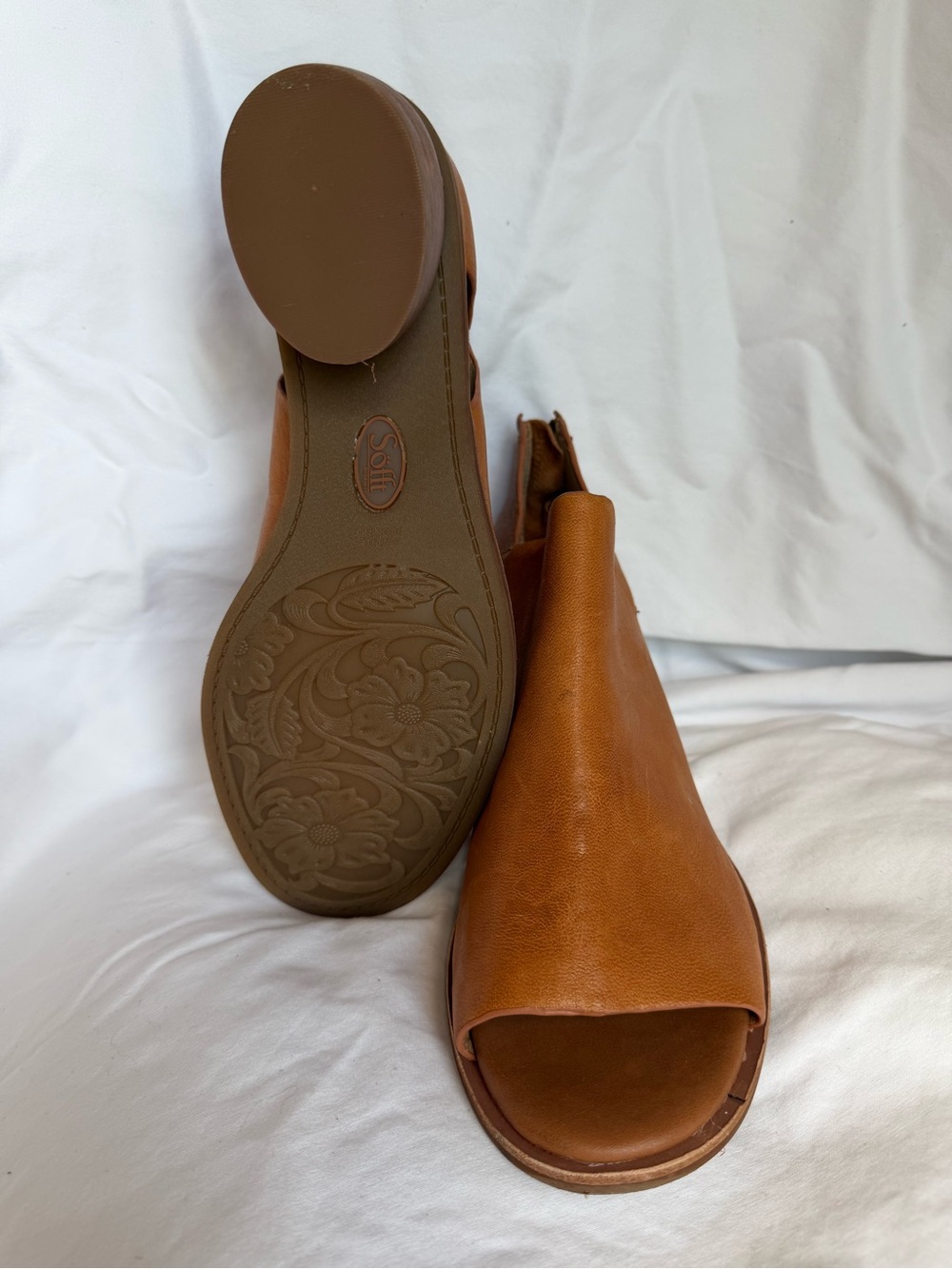 Sofft Cognac Leather Open-Toe Ankle Booties